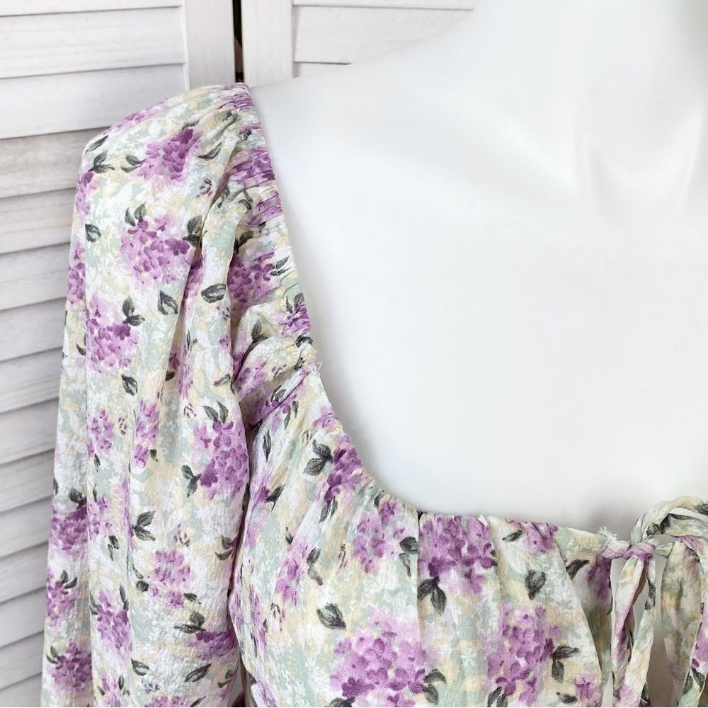 Bacio Floral Tie Front Puff Sleeve Crop Blouse White Purple Large - Picture 5 of 12